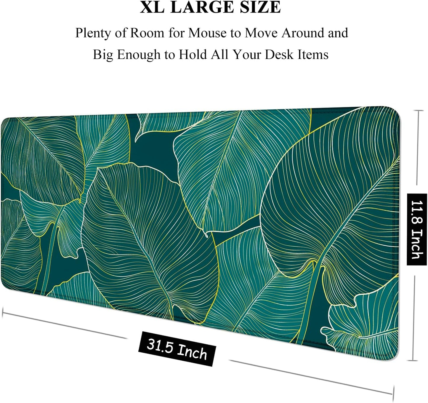 Desk Pad, XL Extended Large Gaming Mouse Pad 31.5 X 11.8 Inch, Waterproof Mousepad with Stitched Edge, Non-Slip Computer Keyboard Laptop Mat for Women Men Office Work, Teal Tropical Leaves